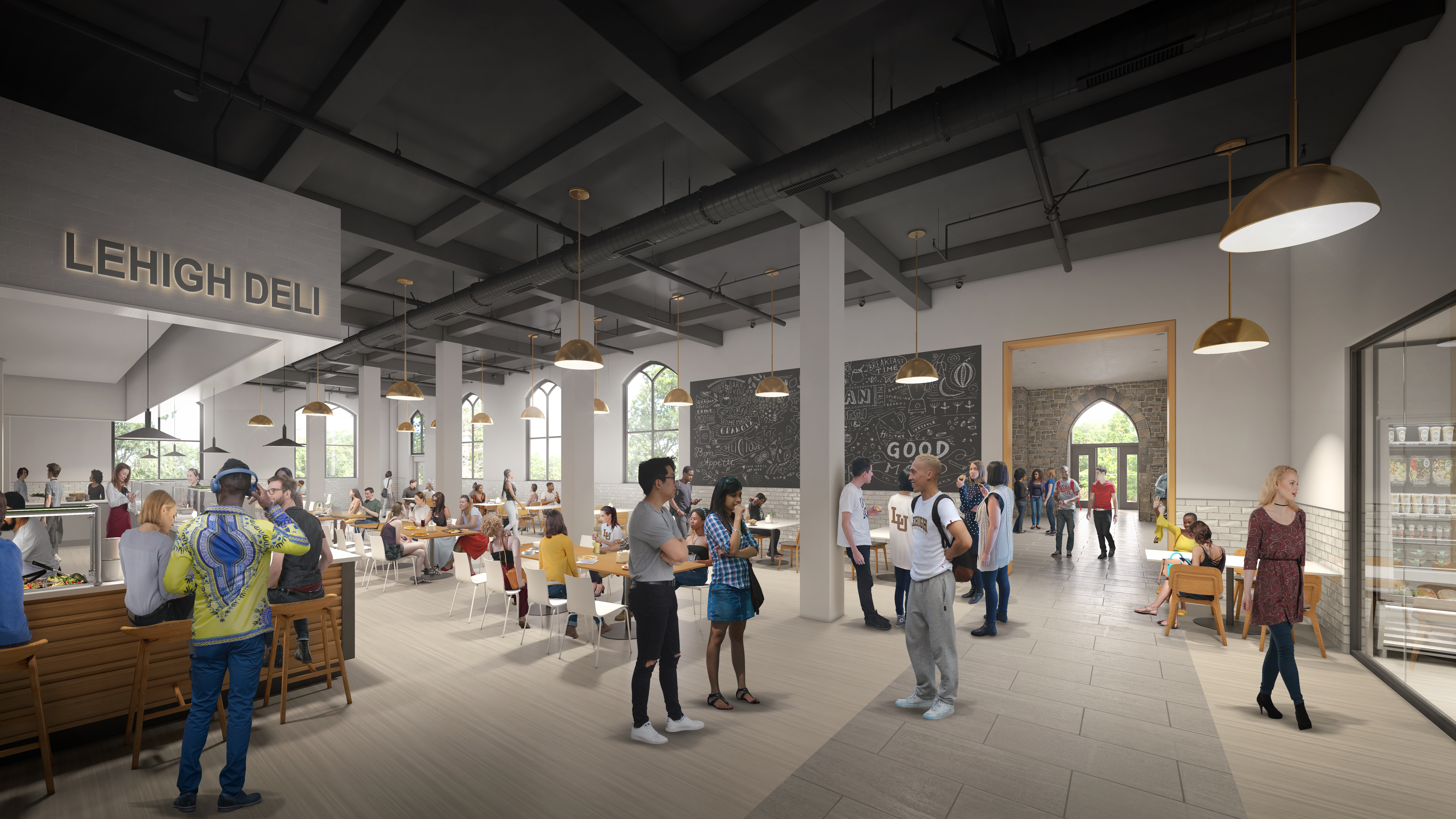 An architectural rendering of the Lower Eatery within the newly Renovated Clayton University Center