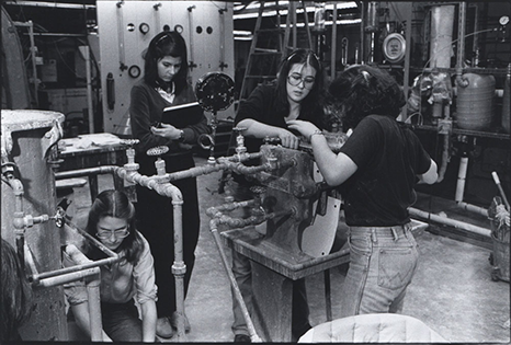 Yearbook photo of women working in a lab on Lehigh's campus
