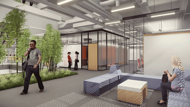 An architectural rendering of one of the indoor green spaces meant to encourage collaboration within HST