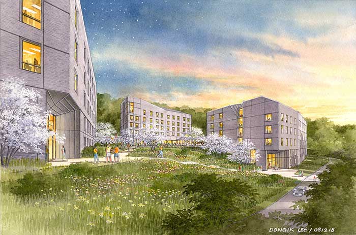 An architectural rendering of Maida House, part of the New Residential Housing Complex