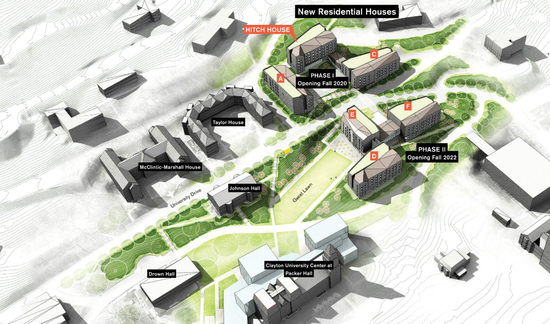 A campus map showing the placement of the New Residential Houses, including Hitch House.