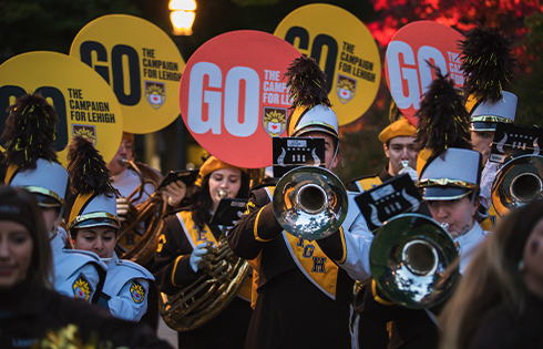 Members of the Marching 97 band play at the Lehigh GO Campaign launch event